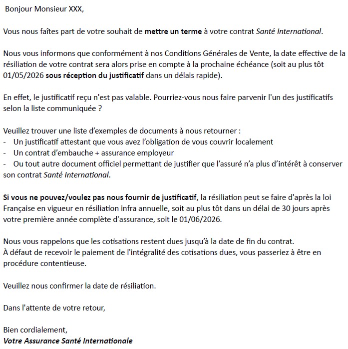 Exemple demande de pr&eacute;cisions r&eacute;siliation